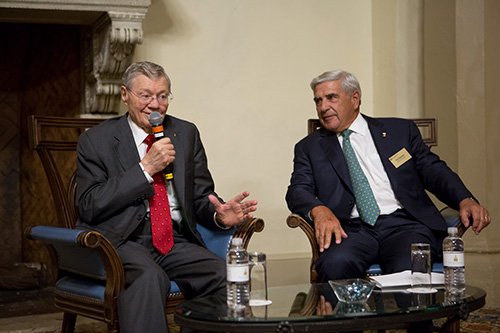 Ed Easton, right, a parishioner at St. Agnes Church in Key Biscayne, chairman of the Easton Group and founding member of the Miami Legatus chapter, moderates a fireside chat with Legatus creator Thomas Monaghan after the Feb. 20, 2020 chartering ceremony in St. Augustine Church, Coral Gables.