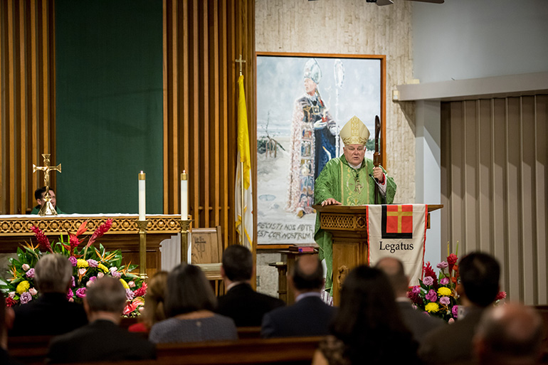 Archbishop Thomas Wenski preaches the homily at the chartering Mass for the Miami Legatus chapter, Feb. 20, 2020, in St. Augustine Church, Coral Gables.