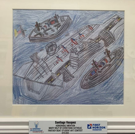The artwork of Mary Help of Christians School fifth grader Santiago Vasquez, complete with an aircraft carrier and other boats, earned him an honorable mention at the Fantasy Boat Student Art Contest for the Seminole Hard Rock Winterfest Boat Parade.