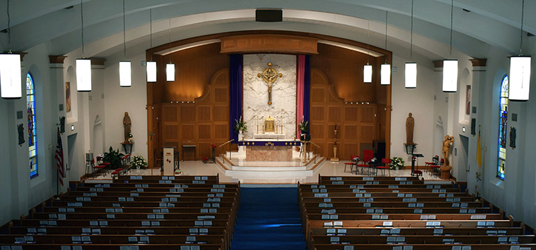St. Sebastian Church in Fort Lauderdale combines wood, marble and metal textures.