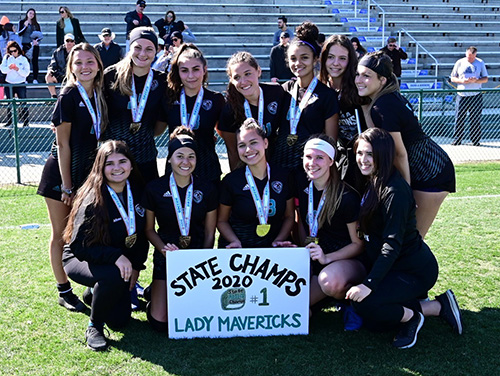 Senior members of Archbishop McCarthy High School's girls varsity soccer team celebrate the school's first state championship after defeating Ponte Vedra 2-0 in the Class 5A game held Feb. 28, 2020 in DeLand. The Mavericks finished the season with a record of 22-1-2.