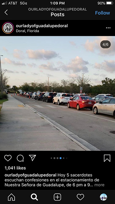 Image of the line of cars that formed around the parking lot of Our Lady of Guadalupe Church in Doral for drive-thru confessions held March 27, 2020, from 6 to 9 p.m. The caption says five priests were on hand to hear the confessions. A few days later, such drive-thru gatherings were canceled to prevent crowds from forming outside churches, which would put people at risk of contracting COVID-19.