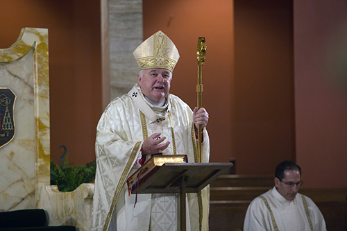 Archbishop Thomas Wenski preaches the homily during the celebration of the Easter Vigil in St. Mary Cathedral, April 11, 2020. The Mass was livestreamed on the archdiocesan website and Facebook page.
