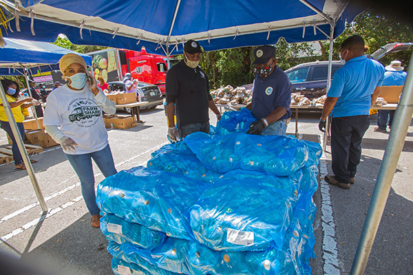 Packages of potatoes await distribution during the food giveaway hosted by Notre Dame d'Haiti Church in Miami April 23, 2020. The food, donated by Farm Share, helped residents of Little Haiti, many of whom have lost their jobs due to the coronavirus pandemic.