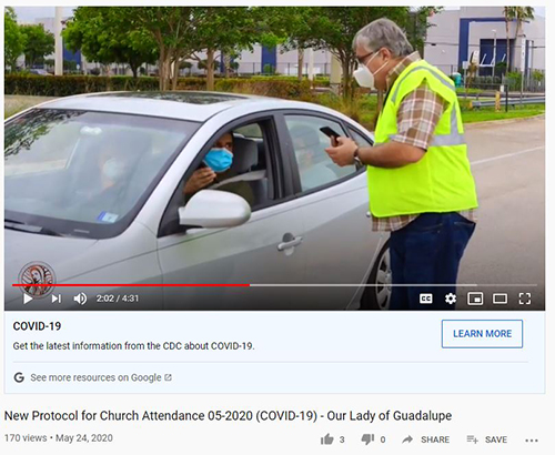 Screenshot of video posted by Our Lady of Guadalupe Church explaining how ushers will check parishioners' reservations for attendance at Sunday Masses while coronavirus restrictions are in place.