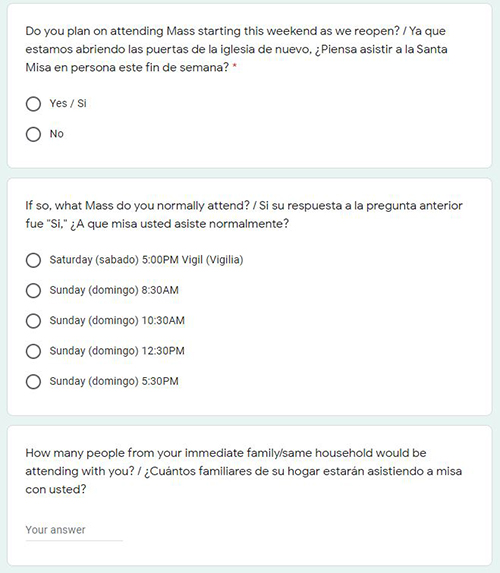 Screenshot of survey posted by Blessed Trinity Church in Miami Springs to gauge how many parishioners will be attending the various Sunday Masses when these resume the weekend of May 30-31, 2020.