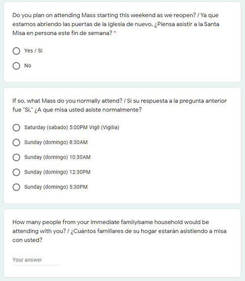 Captura de pantalla del cuestionario publicada por la iglesia Blessed Trinity, en Miami Springs, para contabilizar la cantidad de feligreses que asistirán a las diversas misas dominicales, cuando éstas se reanuden el fin de semana del 30 y 31 de mayo de 2020.