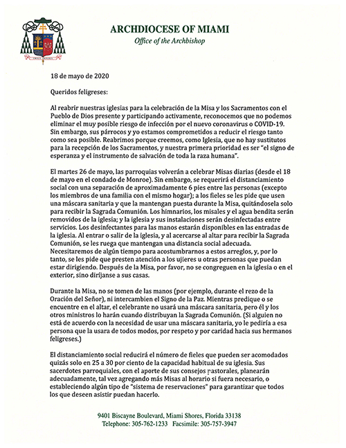 Imagen de la carta del arzobispo Thomas Wenski a los feligreses sobre la reanudación de las misas con los fieles en los condados de Miami-Dade y Broward, a partir del 26 de mayo de 2020. A las parroquias de los Cayos se les dio el visto bueno para reanudar las misas públicas a partir del 18 de mayo de 2020. Haga clic en el enlace de la historia para leer la carta del arzobispo.