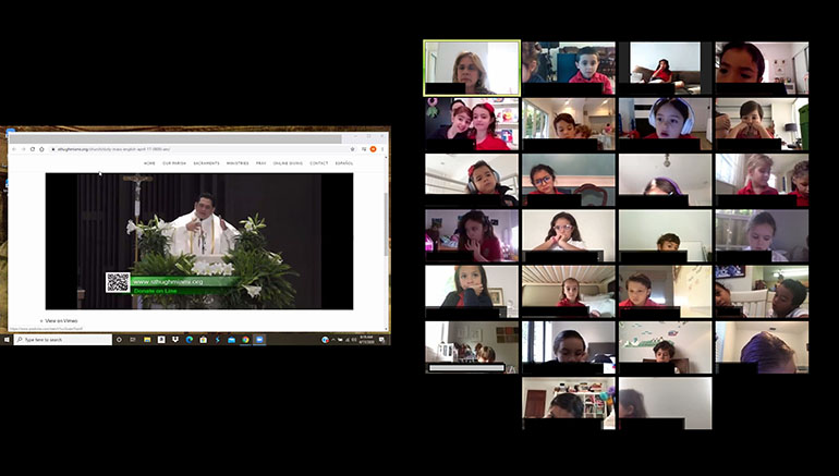St. Hugh Church's pastor, Father Luis Largaespada, celebrates an online Mass for students from St. Hugh School. Although schools remained closed because of the coronavirus, St. Hugh students and teachers gathered every Friday for their weekly school Mass.