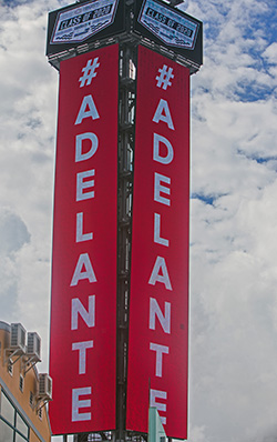 The Explorers' motto, "Adelante!" is plastered on the board at the Homestead Miami Speedway. Because of the pandemic, Christopher Columbus High School celebrated its graduation at the Homestead Miami Speedway June 20, 2020.