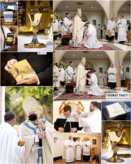 Montage of photos from the ordination ceremony of Father Andrew Tomonto and Father Ryan Saunders.
Archbishop Thomas Wenski ordained two South Florida natives to the priesthood for the Archdiocese of Miami June 27, 2020. The ceremony had been postponed from May due to the COVID-19 outbreak, and was still punctuated by mask-wearing and social distancing among the limited number of both faithful and priests in attendance.