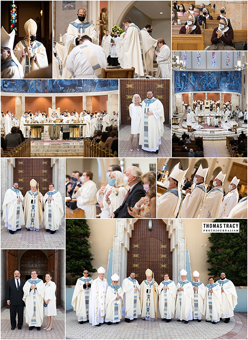 Montage of photos from the ordination ceremony of Father Andrew Tomonto and Father Ryan Saunders.
Archbishop Thomas Wenski ordained two South Florida natives to the priesthood for the Archdiocese of Miami June 27, 2020. The ceremony had been postponed from May due to the COVID-19 outbreak, and was still punctuated by mask-wearing and social distancing among the limited number of both faithful and priests in attendance.