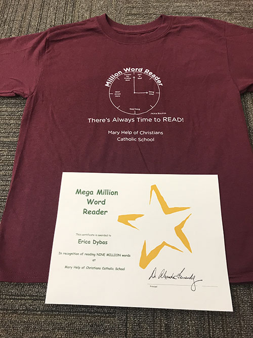 Courtesy PhotoA certificate and t-shirt are prepared as an award for Erica Dybas, who read nine million worlds this school year at Mary Help of Christians Catholic School in Parkland.