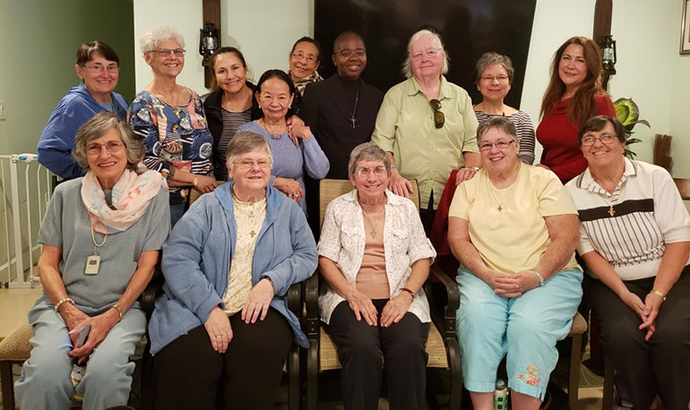 Pictured here at a farewell meeting with the Miami Associates of the Franciscan Sisters of Allegany, front row, from left: Shirley Raymond, Sister Michele Dolyk, Sister Lucy Cardet, Sister Colleen Brady and Sister Jo Streva; back row, from left: Margaret Rorick, Carol Lang, Maria del Carmen Saavedra, Diana Benitez, Daisy Canizalez, Elysee Manshia, Pat Fairfield, Ella Pulido, and Lisa Lamar.