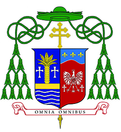 Coat of arms of the Archdiocese of Miami (left side) and Archbishop Thomas Wenski.