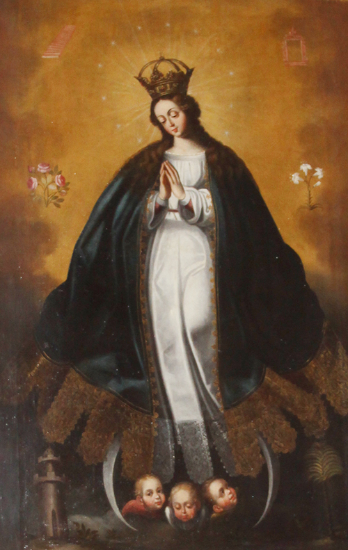 Image of Our Lady of the Immaculate Conception belonging to the Cuzco school of painting which flourished in Peru during the 16th, 17th and 18th centuries. This image is currently found in the Chapel of La Merced on the grounds of Corpus Christi Church in Miami.