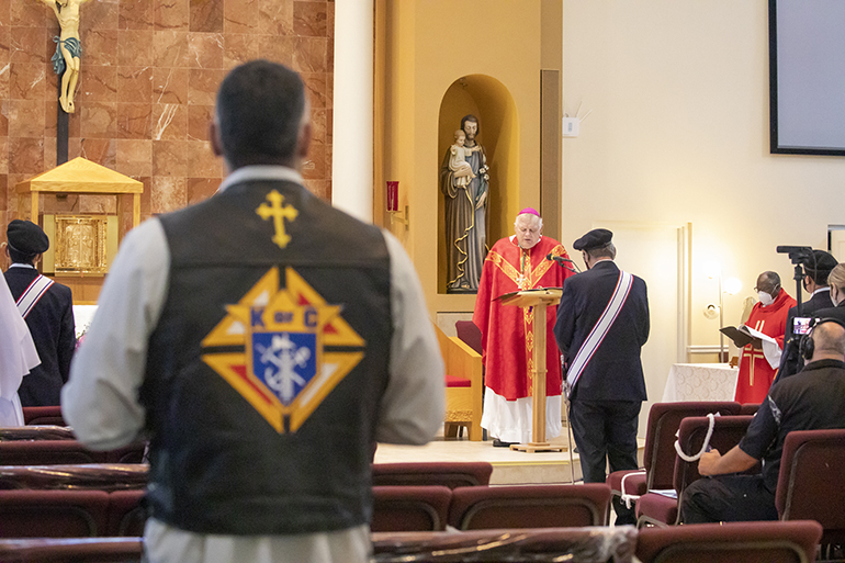 Members of the Knights of Columbus Knights on Bikes participate in a special prayer service July 3, 2020 at St. John XXIII Church in Miramar, marking the visit of the Silver Rose Pilgrimage through the Archdiocese of Miami.  The event was hosted by the Knights of Columbus Council 14390.