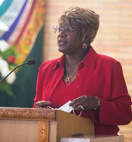 Katrenia Reeves Jackman, director of the archdiocesan Office of Black Catholics, addresses the congregation after the Mass for unity against racism and for peace, celebrated by Archbishop Thomas Wenski July 5, 2020, at Holy Redeemer Church in Liberty City.