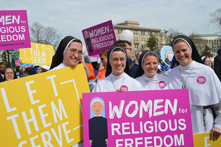 Religious sisters show their support for the Little Sisters of the Poor outside the Supreme Court where oral arguments were heard on March 23, 2016 in the Zubik v. Burwell case against the HHS Mandate. The case decided July 8, 2020, was the latest in a round of lawsuits over the mandate.