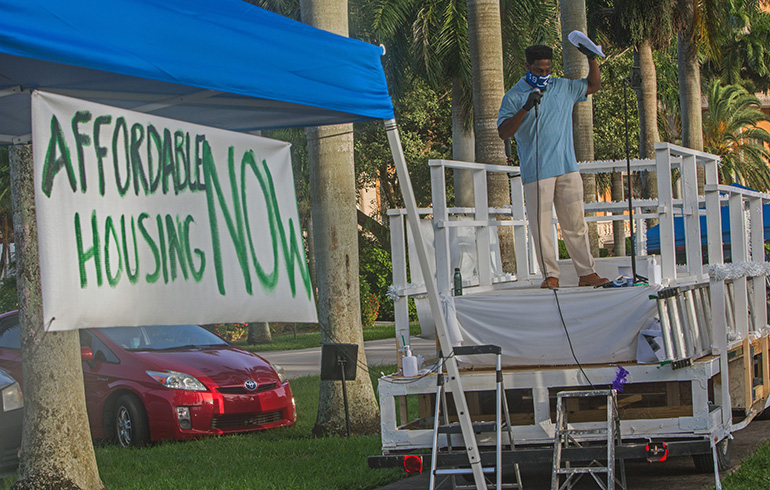 Steven Horsford, a parishioner at St. Monica Church in Miami Gardens, addresses the drive-in rally on affordable housing hosted by PACT July 27, 2020 at Coral Gables Congregational Church.