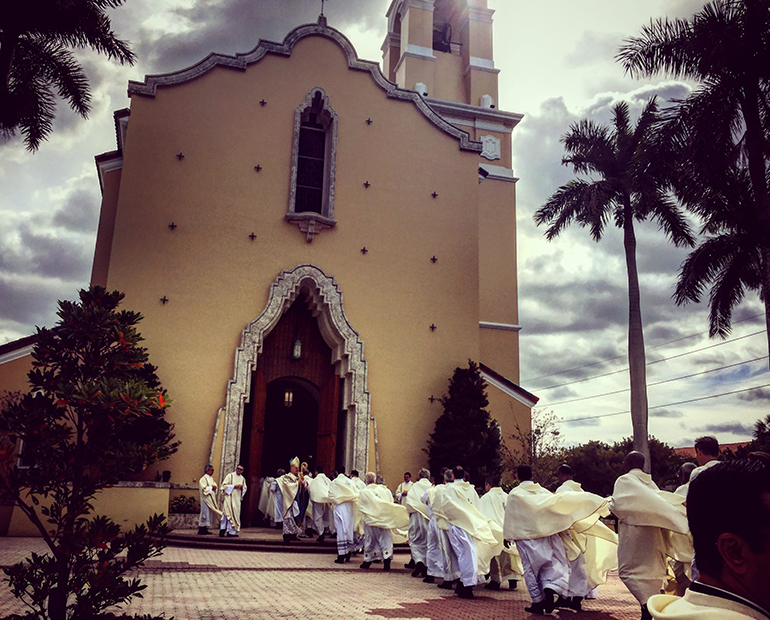 Priests enter St. Mary Cathedral in 2016 for the annual chrism Mass, celebrated on the Tuesday of Holy Week.