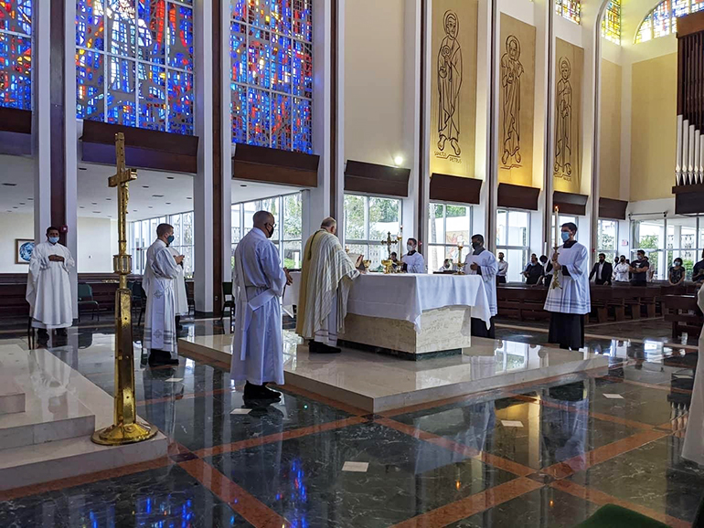 Archbishop Thomas Wenski celebrates the Mass closing the annual convocation of seminarians in St. Raphael Chapel, on the campus of St. John Vianney College Seminary, and on his feast day, Aug. 4, 2020.