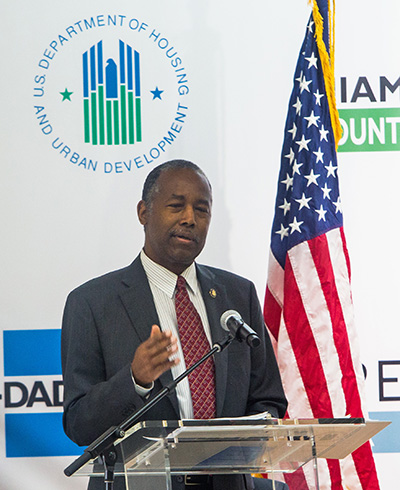 Ben Carson, U.S. Secretary of Housing and Urban Development, addresses those gathered for the groundbreaking ceremony for additional housing at Three Round Towers, a low-income housing development for the elderly located in Miami's Allappatah neighborhood. He visited Aug. 13, 2020.