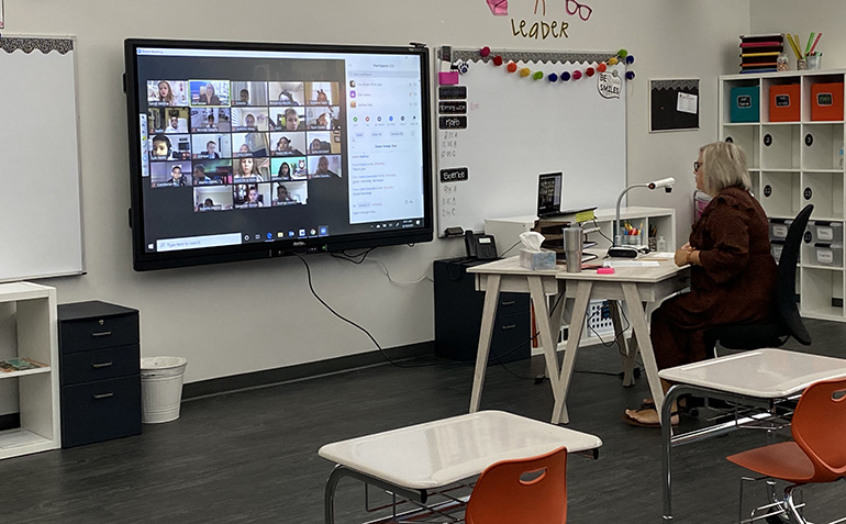 St. Bonaventure's Lisa Balzer Zooms with her third grade students on the first day of the 2020-2021 school year, Aug. 19, 2020.