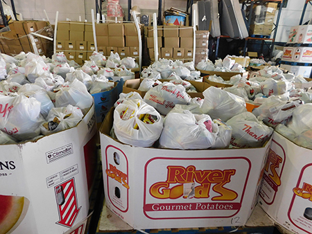 Bolsas y cajas con las donaciones que los voluntarios del Banco de Comida de la Sociedad de San Vicente de Paul, de la parroquia Mother of Christ, preparan durante la semana y se reparten los sábados alternos, desde muy temprano en la mañana.