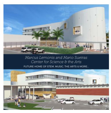 Architect's rendering of the planned new science and arts center at Christopher Columbus High School, which will be named for 1991 alumni and childhood friends Mario Sueiras and Marcus Lemonis.