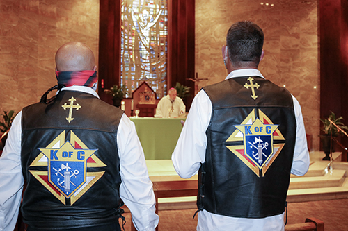 Knights on Bikes celebrate Mass with Archbishop Thomas Wenski Sept. 17, 2020, during a stop at the archdiocesan Pastoral Center in Miami Shores. They were riding to northern Florida along U.S. 1 to raise awareness about the rights enshrined in the First Amendment to the U.S. Constitution, notably freedom of religion and speech.