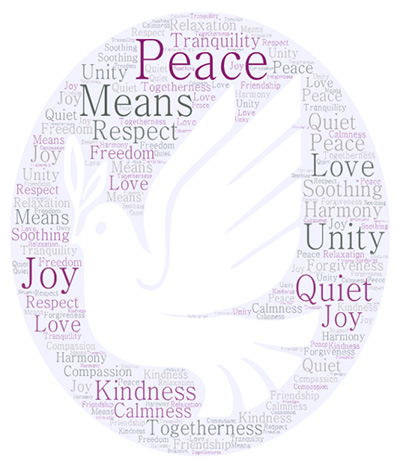 Alicia Montgomery, middle school science teacher at Mary Help of Christians School in Parkland, came up with this peace-themed word cloud after asking her eighth grade classes to share what one word or phrase means to them.