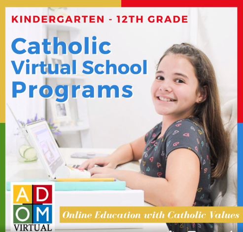 A screenshot from an ADOM Virtual Catholic School online promo.