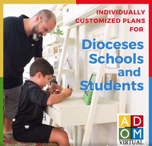 A screenshot from an ADOM Virtual Catholic School online promo.