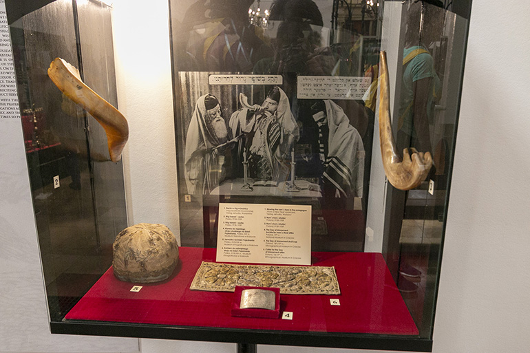 Various forms of the shofar, used during Rosh Hashanah and to mark the end of the day of fasting on Yom Kippur, are seen here on exhibit at the old synagogue in the Jewish section of Krakow, Poland, which is now the Historical Museum of the City of Krakow.