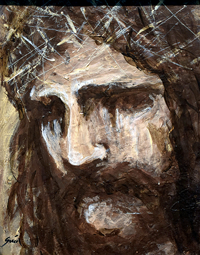 In "Messiah," by Cesar Garcia, the thorns on Jesus' head even seem to scratch the canvas.