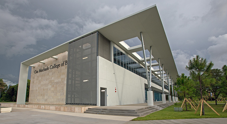 The new, 46,521-square foot, Gus Machado College of Business complex includes 20 classrooms, a Global Conference Auditorium, a Student Innovation Incubator, a video telecast room, and a sky bridge connecting the two buildings. The second structure includes faculty offices and a large boardroom. Archbishop Thomas Wenski dedicated the complex Oct. 16, 2020.