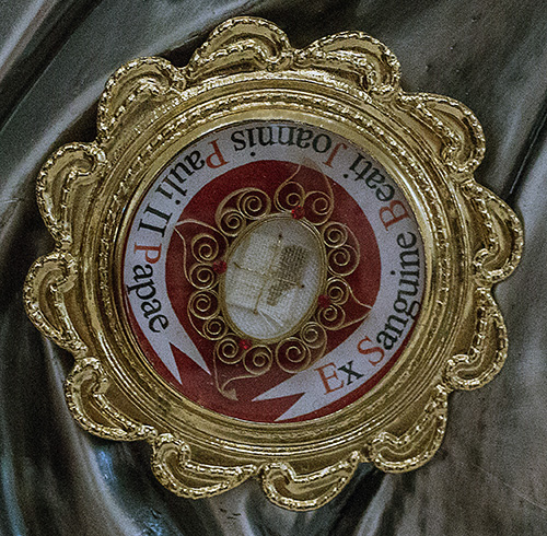 This first-class relic of St. John Paul II is a piece of the bloodied cassock from when he was shot. It was one of three first-class relics brought by the Servants of the Pierced Hearts of Jesus and Mary to Our Lady of Guadalupe Church, Doral, on his feast day and the 100th anniversary of his birth, Oct. 22, 2020.