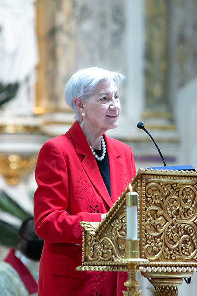 Senior Judge Patricia Seitz, of the U.S. Southern District of Florida, speaks at the conclusion of the annual Red Mass celebrated by Archbishop Thomas Wenski Oct. 29, 2020. Seitz, last year's recipient of the Miami Catholic Lawyers Guild highest honor, the Lex Christi, Lex Amoris award, introduced this year's recipient, Catholic Legal Services of the Archdiocese of Miami.