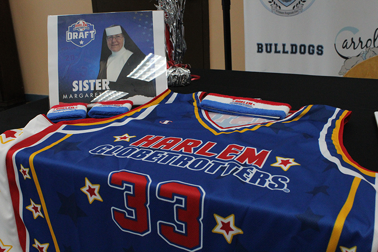 Official draft, official gear: A close-up of the official Harlem Globetrotters jersey, head and wristbands given to Sister Margaret Ann and the Carmelite Sisters of the Most Sacred Heart of Los Angeles who work at Archbishop Coleman Carroll High when they were drafted as honorees to the Harlem Globetrotters, Nov. 16, 2020. The sisters selected 33 as their jersey number to match the age of the resurrected Jesus Christ.