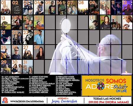 Imagen con los nombres de los cantantes que participan en la trasmisión digital de Adoremus.