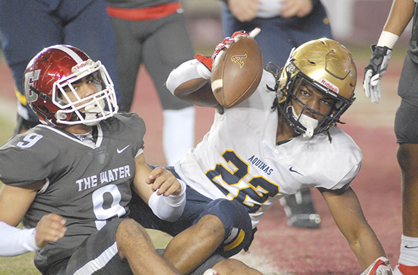 St. Thomas Aquinas running back Anthony Hankerson gets up to celebrate his 12-yard touchdown run during the second quarter of St. Thomas Aquinas' 31-21 victory over Orlando Edgewater, Dec. 19, 2020, in the FHSAA Class 7A Football State Championship Game at Bobby Bowden Field at Doak Campbell Stadium. The Raiders won their state-record 12th title.