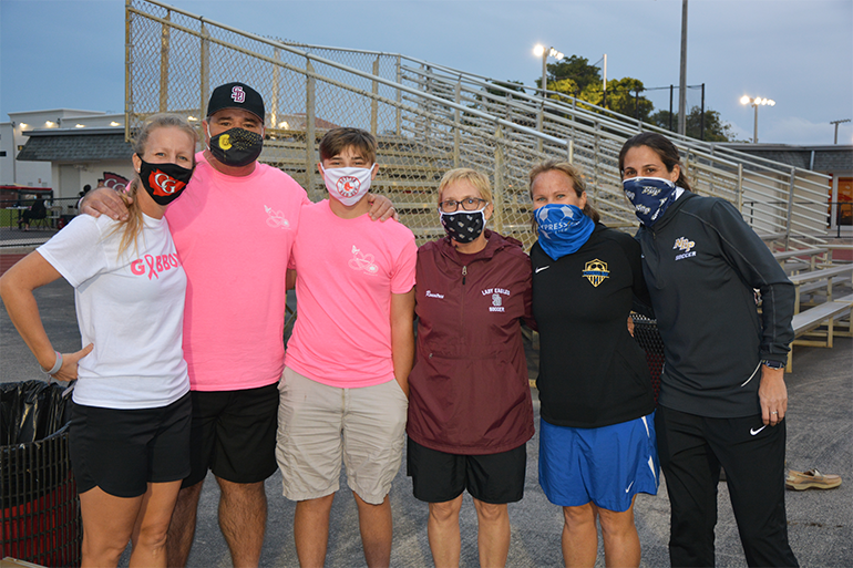 The high school soccer coaches who took part in Coaches vs. Cancer, Jan. 13, 2021, from left: Margo Flack from Cardinal Gibbons; Mike Sorensen, Michael Sorensen and Laura Rountree from Marjory Stoneman Douglas; Kate Dwyer from Cypress Bay; and Tricia Amrhein from North Broward Prep.