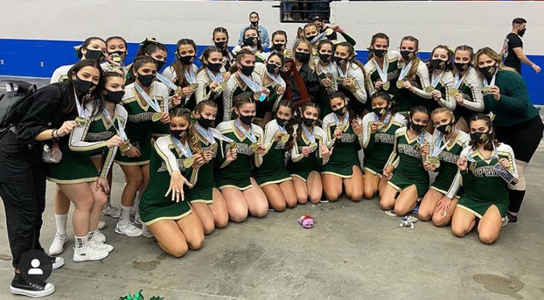 Immaculata-La Salle cheerleaders pose for a photo after the winners were announced at the state finals competition, Jan. 23, 2021 at the RP Funding Center in Lakeland.