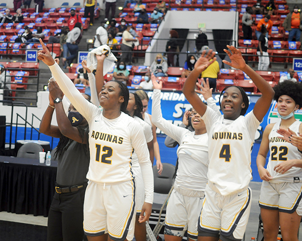 St. Thomas Aquinas players give thanks to their fans for their support in the Raiders' 62-60 victory over Wekiva in the FHSAA Class 6A girls basketball championship game Saturday, Feb. 27, 2021, at the RP Funding Center in Lakeland. The Raiders won their first championship.