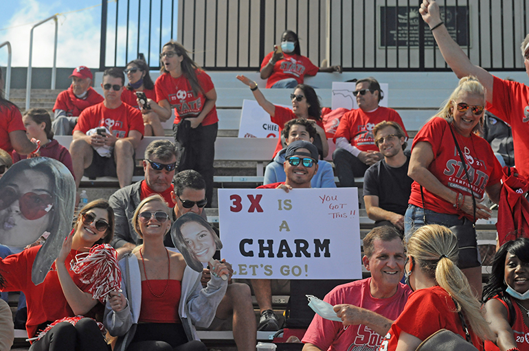 Cardinal Gibbons fans show their signs supporting the Chiefs during Cardinal Gibbons' 2-0 victory over Panama City Beach Arnold in the FHSAA Class 4A girls soccer championship game March 3, 2021, at Spec Martin Stadium in DeLand. The Chiefs won their first girls soccer championship.
