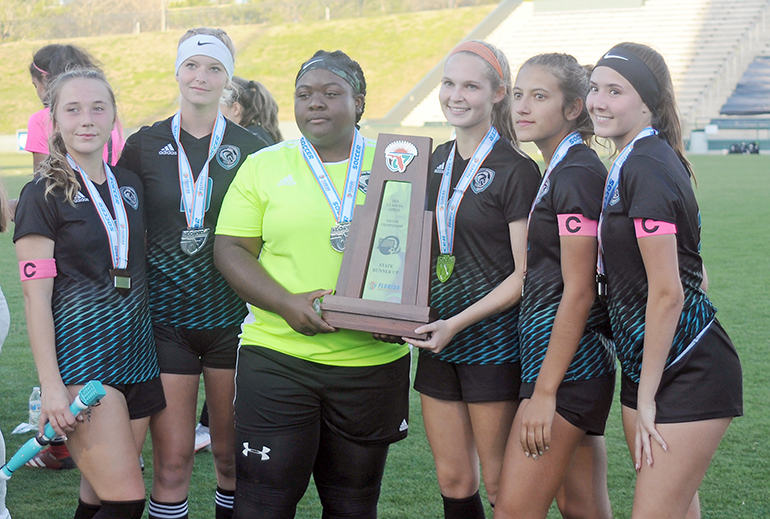 Archbishop McCarthy seniors (from left) Adriana Duque, Madison Burkhard, Jordyn Gifford, Kimberly Cover, Liliana Katz and Jessica Gonzalez 2-0 loss to Ponte Vedra, March 5, 2021 in the FHSAA Class 5A Girls Soccer Championship Game at Spec Martin Stadium in DeLand.