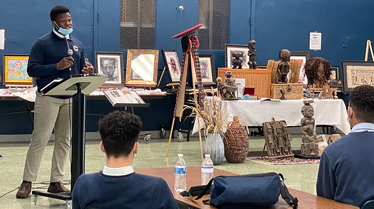 Sophomore Derrick Hart speaks about his experience as an African American student at Christopher Columbus High during the school's Black History Month event, Feb. 25, 2021.