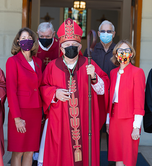 Miami Archbishop Thomas Wenski, who celebrated the annual Red Mass for Monroe County March 5, 2021 at the Basilica of St. Mary Star of the Sea, poses with Monroe County Mayor Michelle Coldiron, left, and Key West Mayor Teri Johnston, along with regional lawyers, judges, public officials and other law professionals following the Mass.