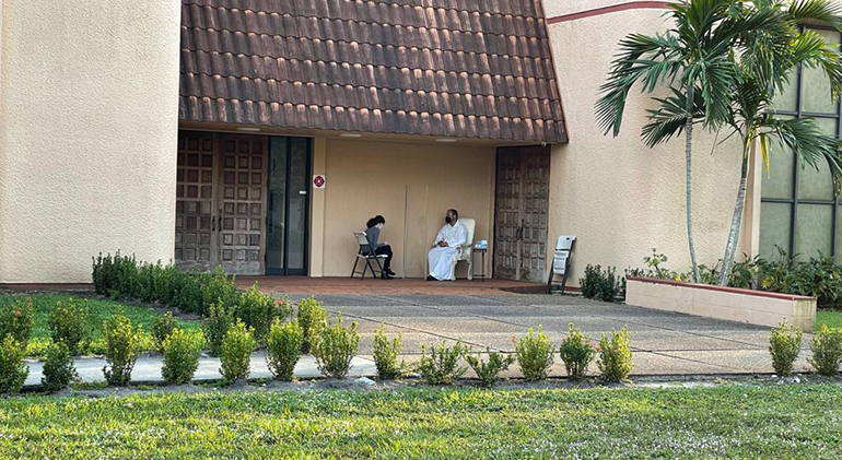 Confessions are currently being held outdoors at St. Boniface Church in Pembroke Pines, with the priest and penitent socially distant, wearing masks and sometimes even behind a plexiglass barrier.